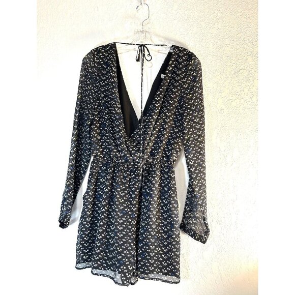 BCB Womens Romper Black/Comb Size S Tie Back Deep VNeck Lined Long Slv Sheer NWT - Picture 2 of 6